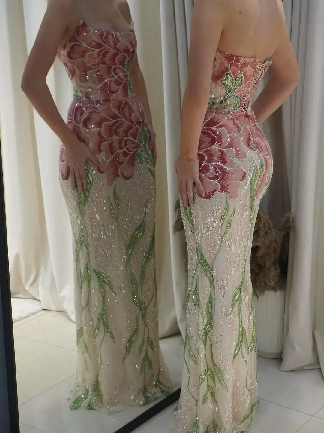 Ofherown Luxury Embroidered Floral Sequin Mermaid Evening Gown Women Strapless Formal Prom Party Dress with Detachable Shawl