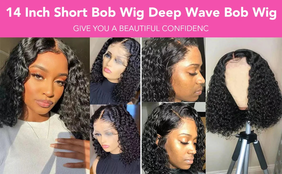 100% Human Hair Deep Curly Bob Wigs Virgin Human Hair 13x4 Lace Frontal Wigs Deep Wave Human Hair 4x4 Lace Wigs Natural Black Color Curly Short Hair Wigs For Women