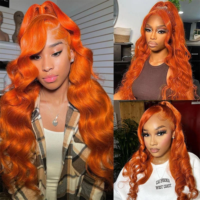 Ginger Orange Body Wave 13x6 Transparent Lace Front Wig Human Hair for Women #350 Colored Pre Plucked Natural Hairline 200% Secondary image