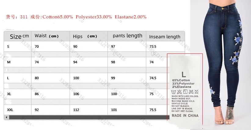 New Women's High Waist Embroidered Jeans Fashion Slim Stretch Denim Pencil Pants Street Trendy Trousers S-3XL Drop Shipping