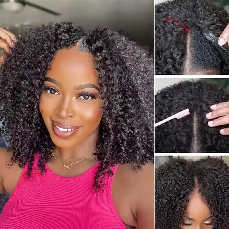 Kinky Curly V Part Wig Human Hair No Leave Out Thin Part Brazilian Hair Wigs for Women 250% Afro Curly Glueless V/U Part Wigs Main image