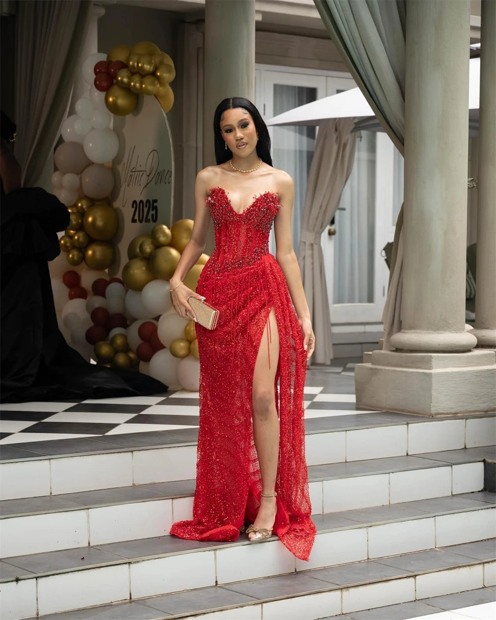 Sansa Customized Red Trumpet Corset Side High Split Prom Dress Pleats Sleeveless Vestidos De Noche Floor-Length Formal Evening