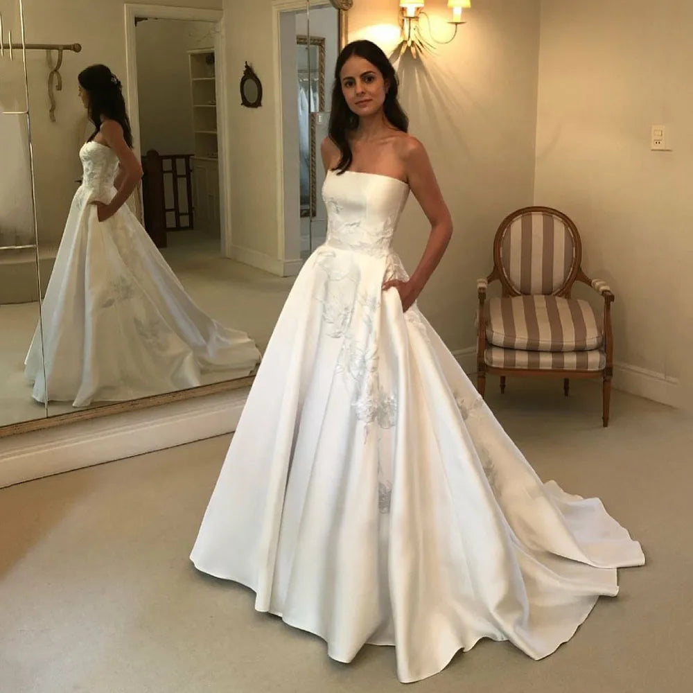 Msikoods Customized Strapless Satin Wedding Dress A Line Floral Embroidery Elegant Bride Gown Pocket Women Simple Bridal Dress Main image