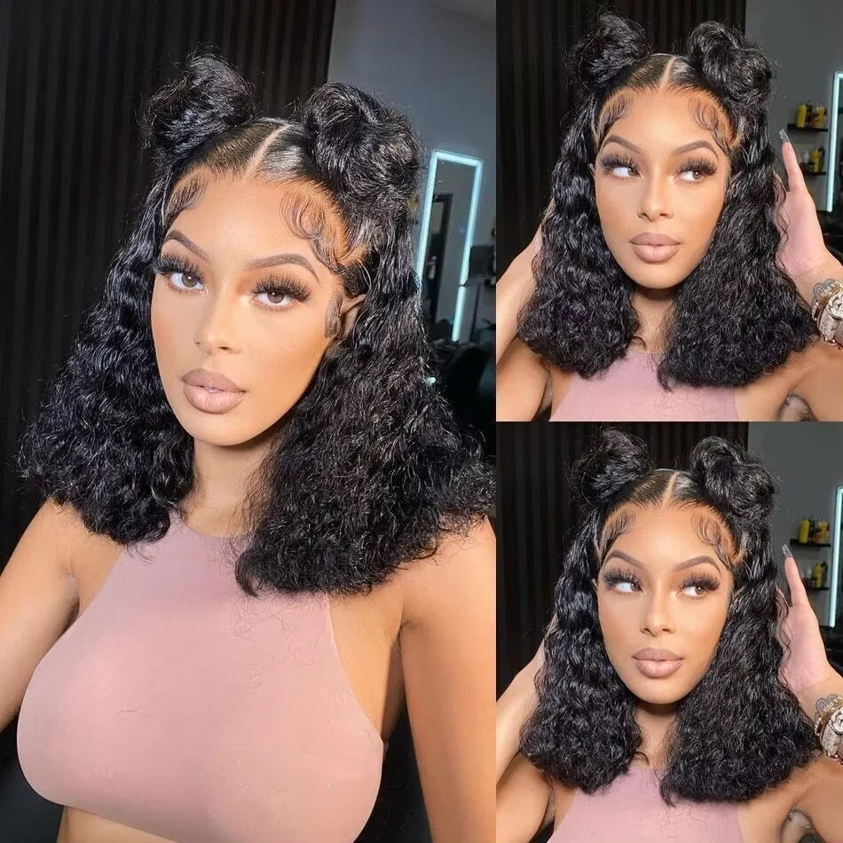 100% Human Hair Deep Curly Bob Wigs Virgin Human Hair 13x4 Lace Frontal Wigs Deep Wave Human Hair 4x4 Lace Wigs Natural Black Color Curly Short Hair Wigs For Women