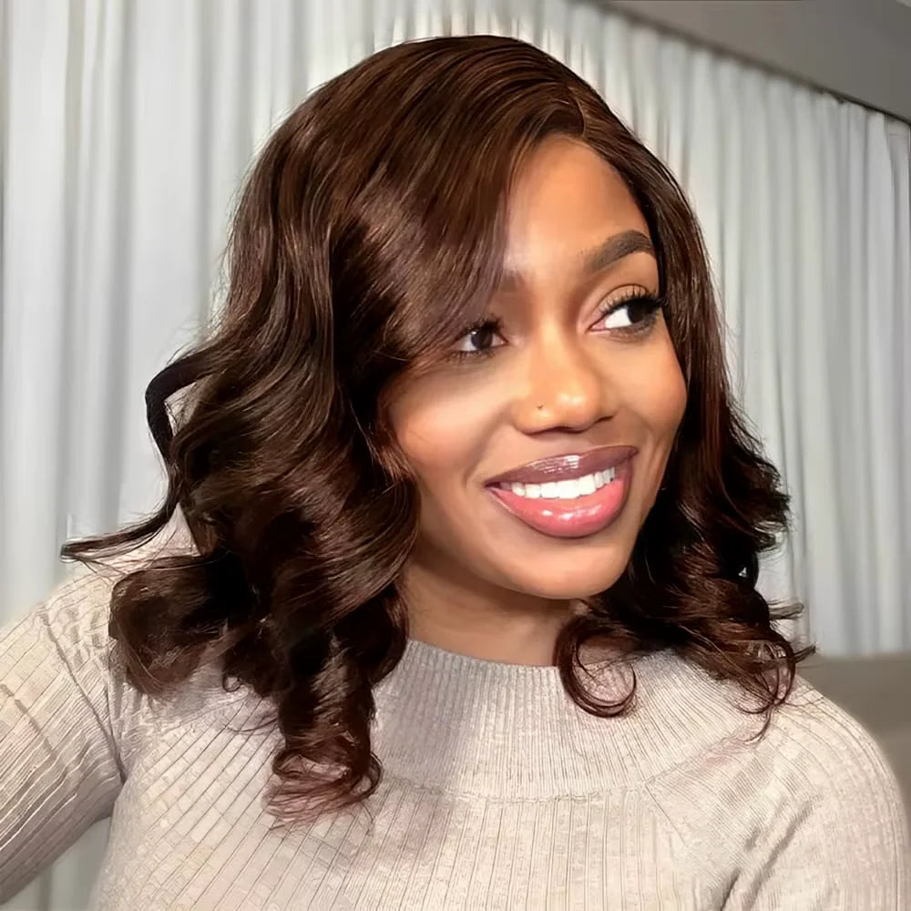 Umi 13x4 HD loose short Bob Wig Transparent Lace Frontal wig 220% Density body wave 100% Human Hair 8-16 Inch chocolate brown #4
