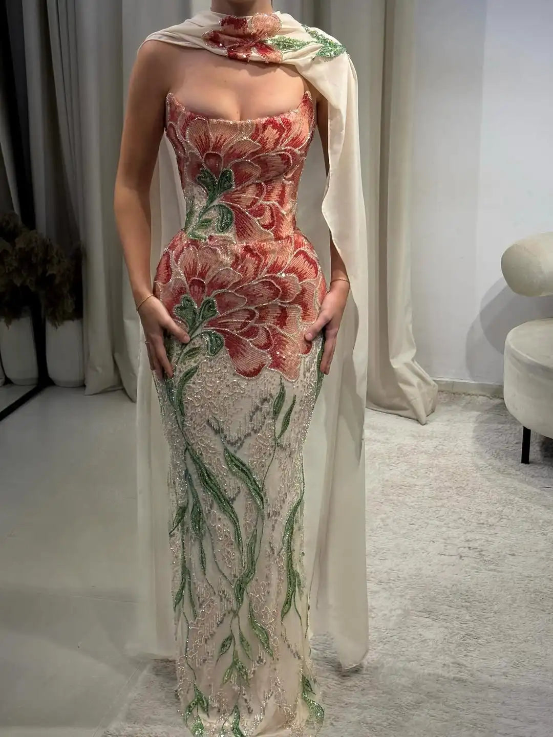 Ofherown Luxury Embroidered Floral Sequin Mermaid Evening Gown Women Strapless Formal Prom Party Dress with Detachable Shawl Main image