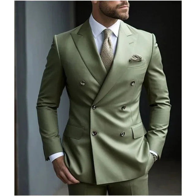 Custom Men's Double Breasted Notched Collar Two-piece Slim-fit Suit Set Jacket and Trousers for Parties Weddings and Business Secondary image