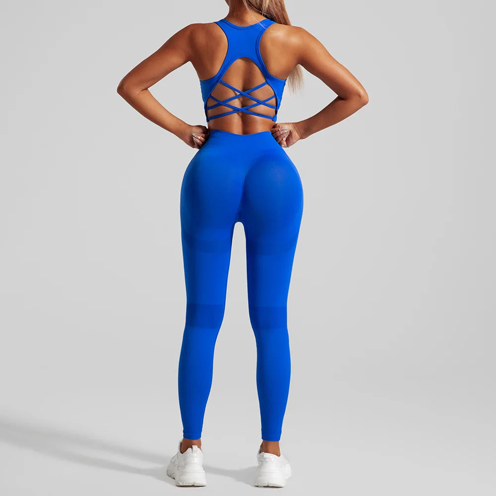 Custom Logo 2 PCS Tummy Control Sportswear Set Seamless Cross Back Yoga Tops Scrunch Butt Workout Leggings for Women Secondary image