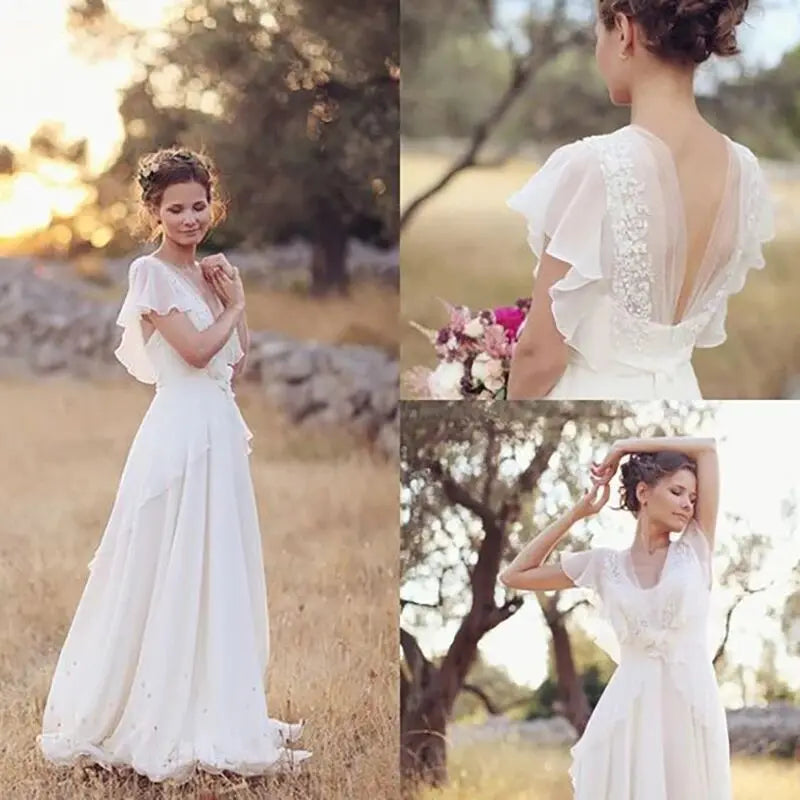 Customized Bohemian Hippie Style Wedding Dresses Beach A-line Backless Chiffon Bridal Dress Maternity Pregnant Bridal Gowns Main image