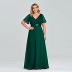 Plus Size Evening Dresses Long XUCTHHC Elegant A Line V Neck Ruffles Chiffon Formal Wedding Party Dress Robe De Soiree 2021