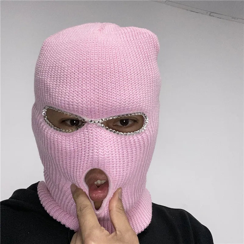 Shining Diamond Balaclava Face Mask Women Pink Sport Knitted Fleece Ski Mask for Women Three Hole Hat Shiny Rhinestone