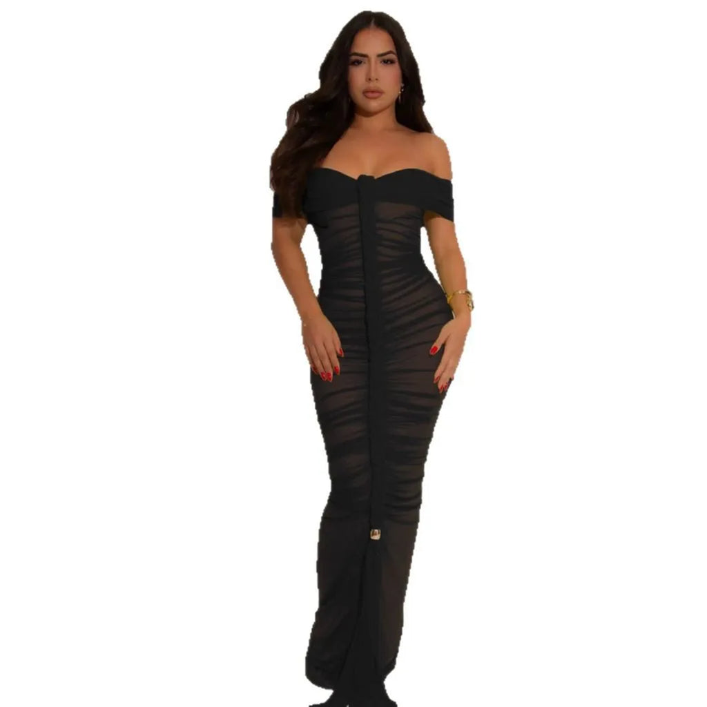 Sexy Solid Color Patchwork Backless Ruched Off Shoulder Long Dresses