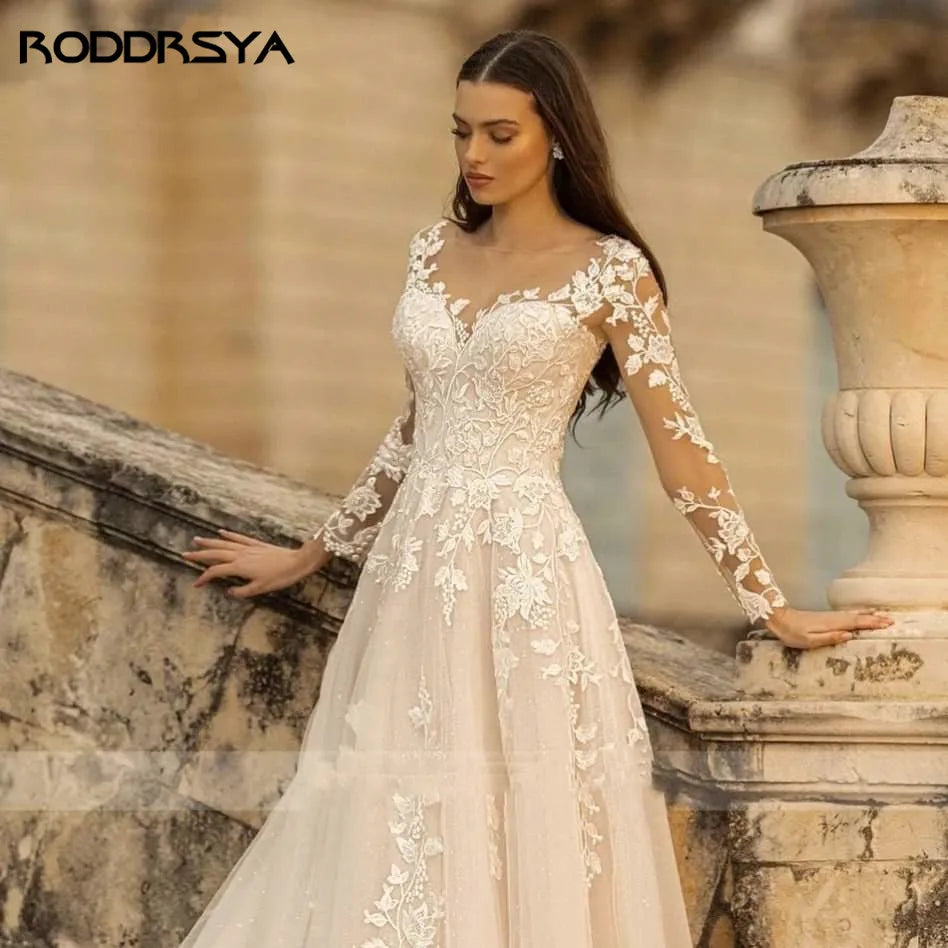 RODDRSYA Elegant O-Neck Wedding Dress Lace Up A-Line Applique Tulle Long Sleeves Beach Bride Gowns vestidos de novia Customized