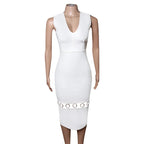 C2635 Wholesale Stretch White Sexy Bandage Dress Elegant Women Special Design Ring Hollow Out Midi Bodycon Dress Club Ear