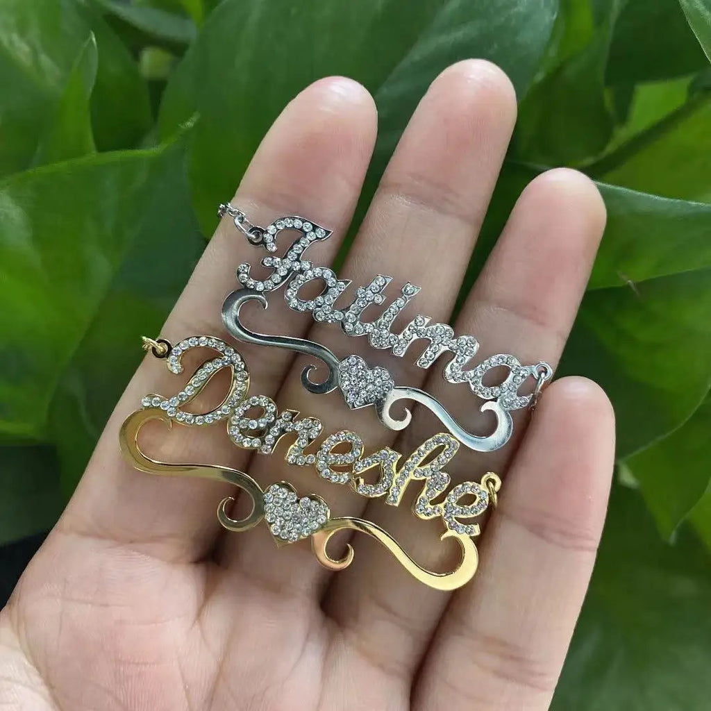 Qitian Personalized Name Necklace With Heart For Women Custom Gold Stainless Steel BlingBling Pendant Custom Iced Out Necklaces