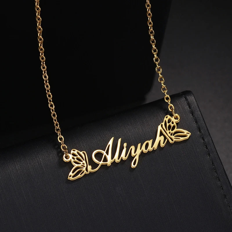 Custom Name Necklace Double Butterfly Letter Name Pendant Stainless Steel Necklace Personalized Gift for Women Men Hainon 2818
