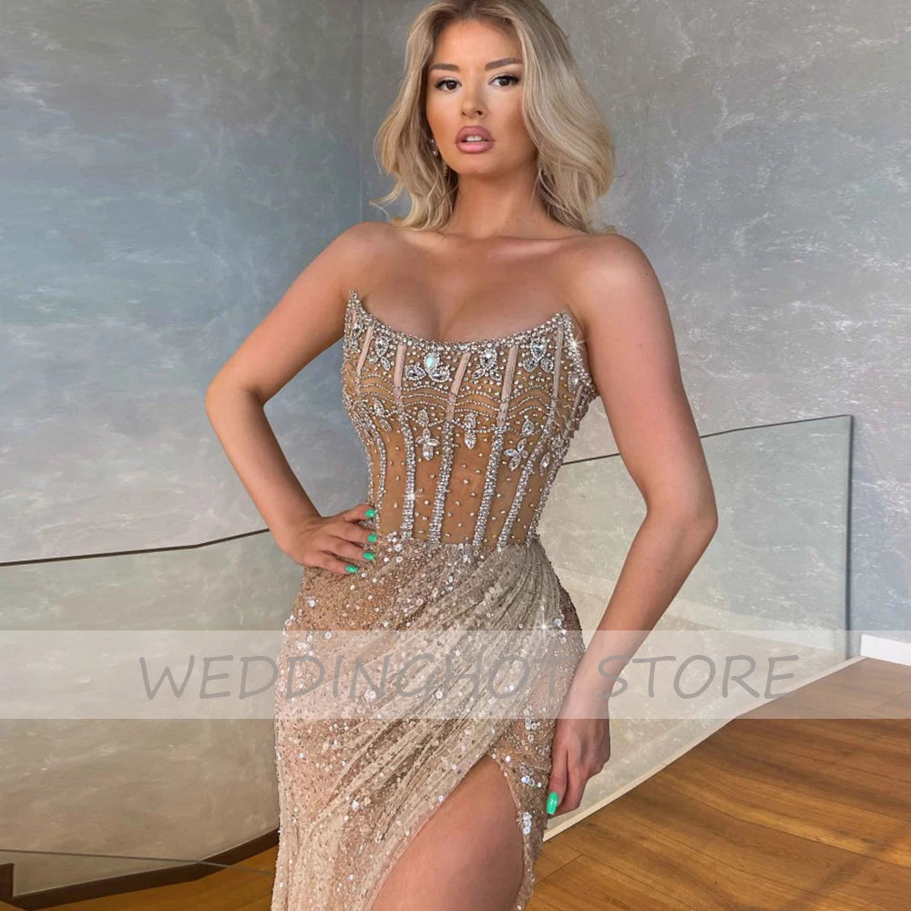 Luxury Evening Dresses 2023 Gorgeous Bead Strapless Long  Party Gowns Side Split Floor Length Illusion Sexy Pageant Dress Secondary image