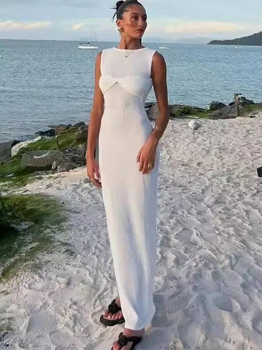 Female Summer Skinny Elegant Party Beachwear Sleeveless Round Neck Dress Knitted See Through Ruched Women Maxi Dress