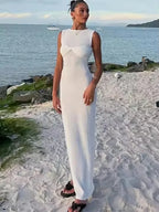 Female Summer Skinny Elegant Party Beachwear Sleeveless Round Neck Dress Knitted See Through Ruched Women Maxi Dress