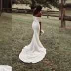 13056#Simple Off-Shoulder Elegant Short Sleeves Backless Wedding Dress Mermaid Buttons Sweep Train Soft Satin Bridal Gown
