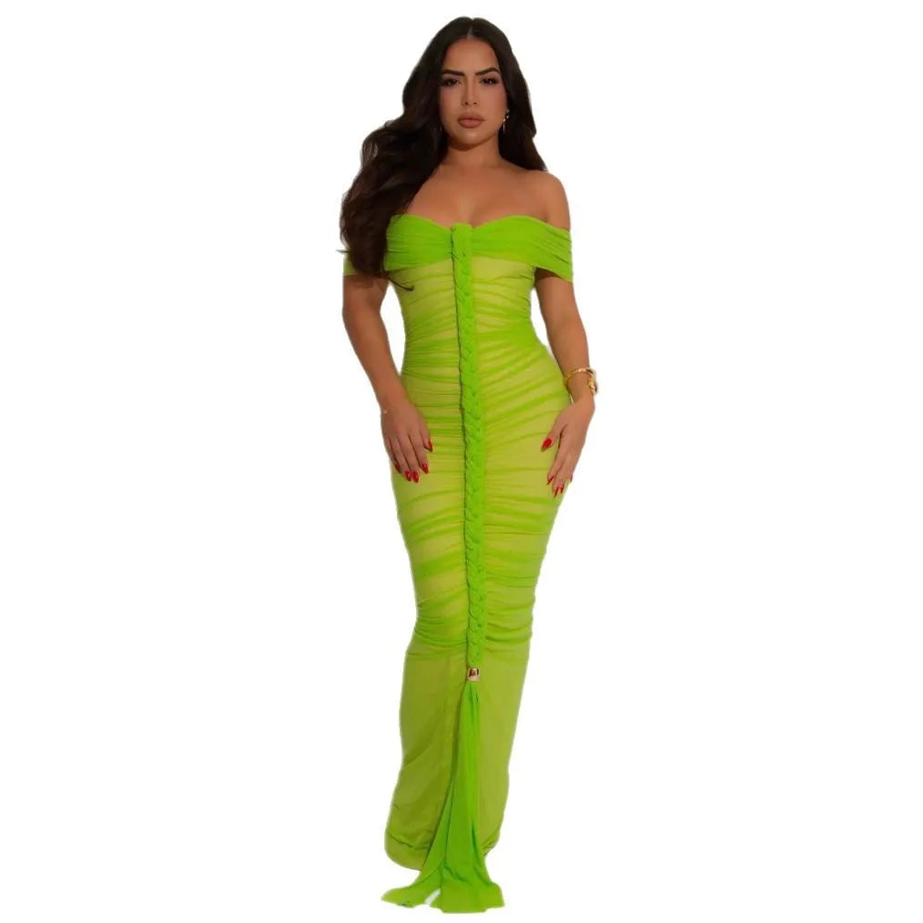 Sexy Solid Color Patchwork Backless Ruched Off Shoulder Long Dresses