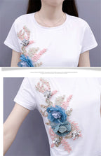 One-Piece/Set 2025 & 2026 Summer New Women Denim Pants Beaded Embroidery Short-Sleeved + Small Feet Hole Jeans Female Two-Piece Suit425
