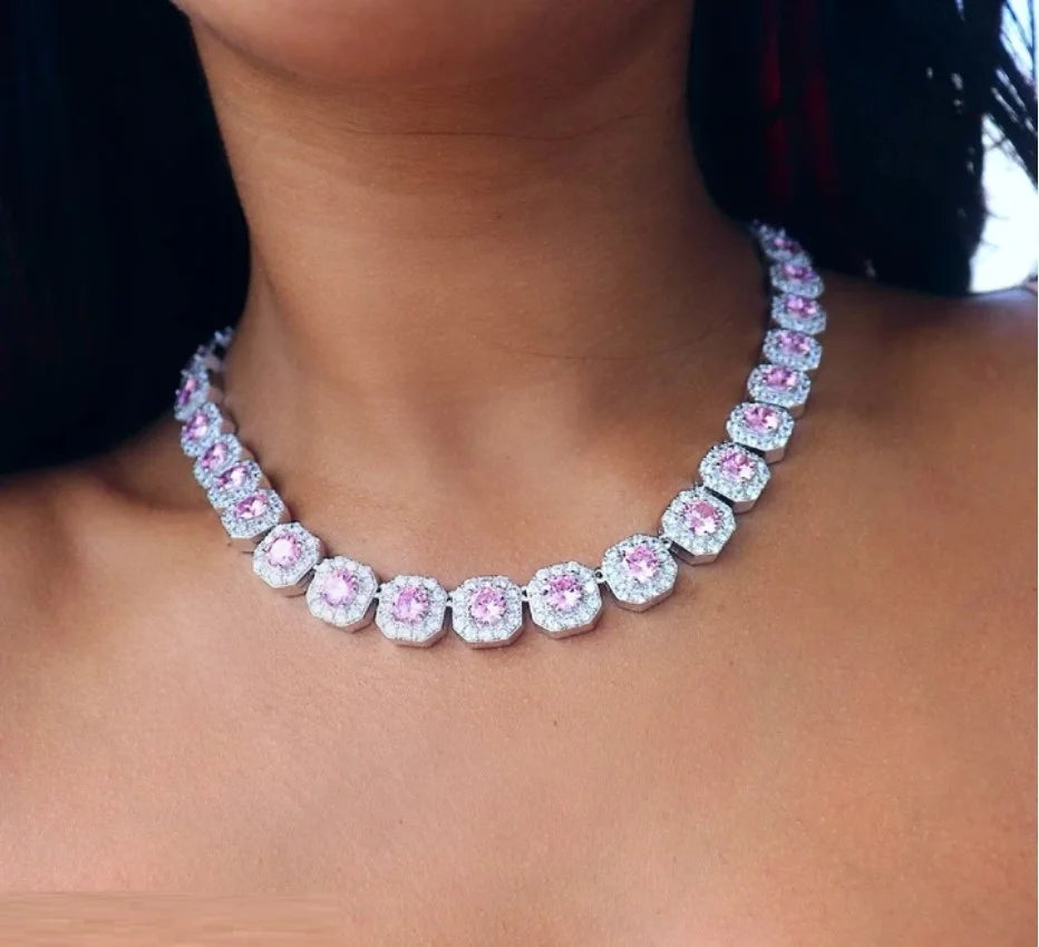 Iced Out Bling pink Diamond Hip Hop Women Charm Jewelry Geometric square Cubic Zirconia Cz Cluster Tennis Necklace Main image