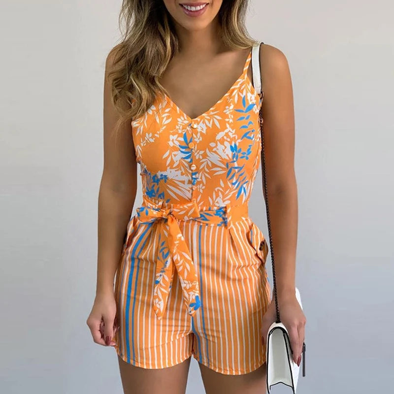 Sexy V-neck Spaghetti Strap Floral Print Women Short Romper Playsuit Female Beach Ruffle Sleeveless 2023 Fashion Casual Jumpsuit