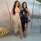 Miingstyle Wholesale Bling Rhinestone Black Mesh Casual Sexy Sequin Hollow Out Slip Dress