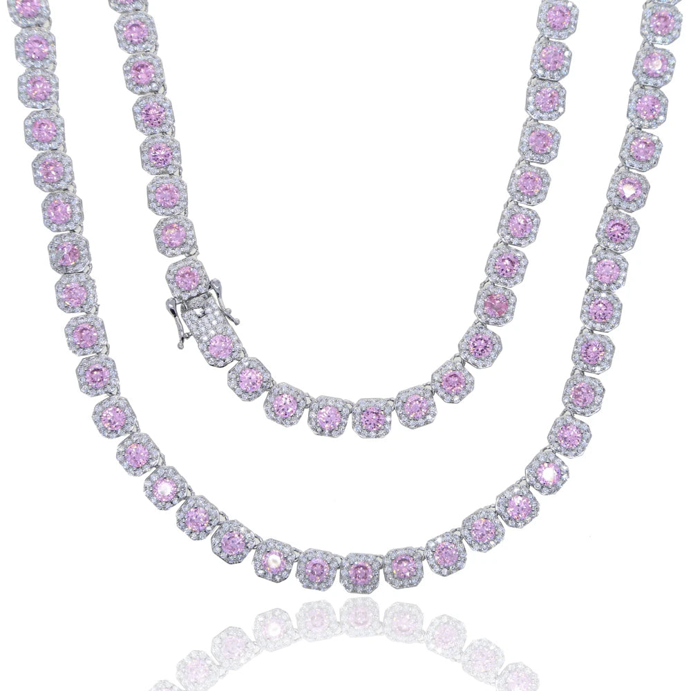 Iced Out Bling pink Diamond Hip Hop Women Charm Jewelry Geometric square Cubic Zirconia Cz Cluster Tennis Necklace