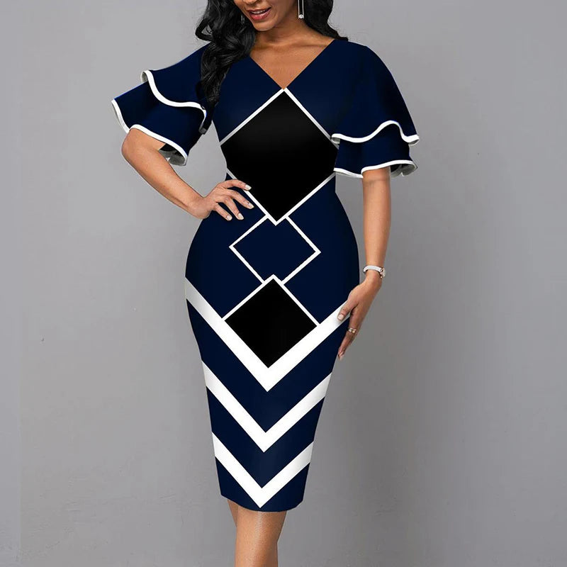 Elegant Women Dress 2021 Summer Fashion V Neck Short Sleeve Sexy Slim Dress Vintage Patchwork Casual Lady Party Dresses Vestido Main image