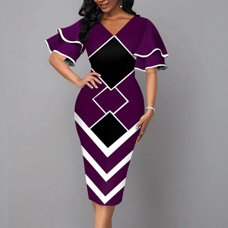 Elegant Women Dress 2021 Summer Fashion V Neck Short Sleeve Sexy Slim Dress Vintage Patchwork Casual Lady Party Dresses Vestido Secondary image