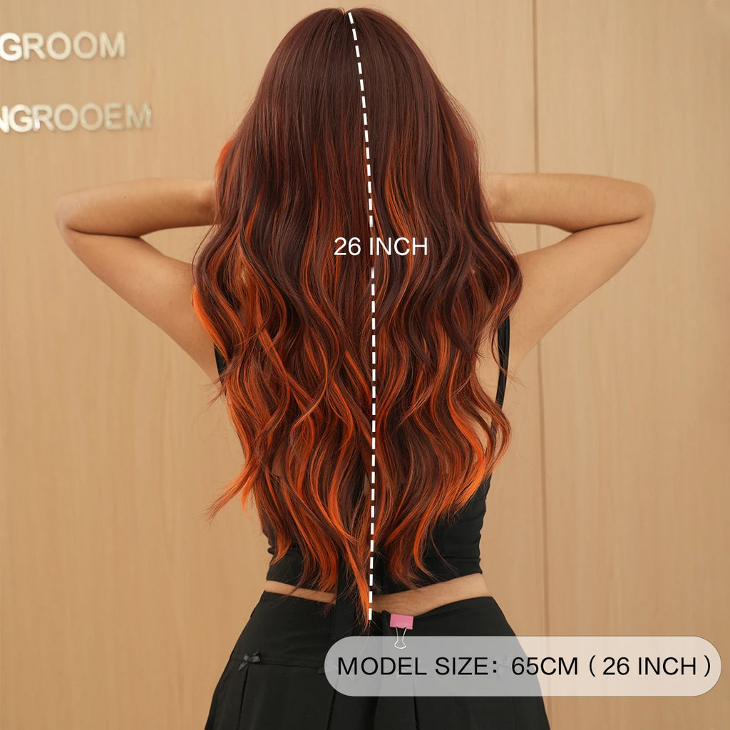 Ginger Orange Wig with Highlights Synthetic Hair Wig Brown Skunk Stripe Long Wavy Wigs Heat Resistant Fiber Wholesale for Women