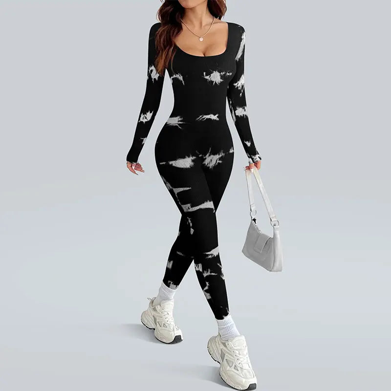 Black and White Tie Dye Women's One Piece Long Sleeve Tight Fitting High Waist Lightweight Breathable Sports Yoga Bodysuit Secondary image