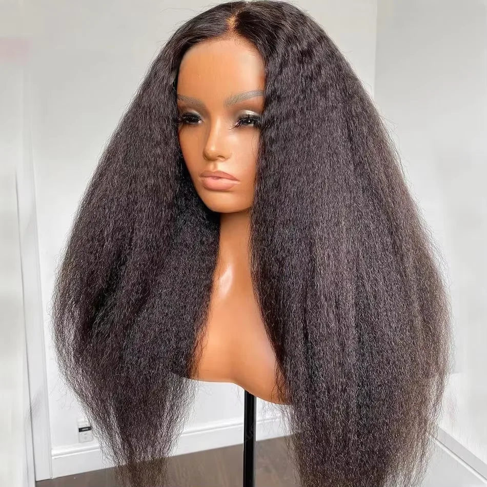 Best Sale Yaki Straight Lace Frontal Hair Wigs Kinky Straight 13x4 Lace Frontal Wig Human Hair 4C Edges Curly Natural Color Secondary image