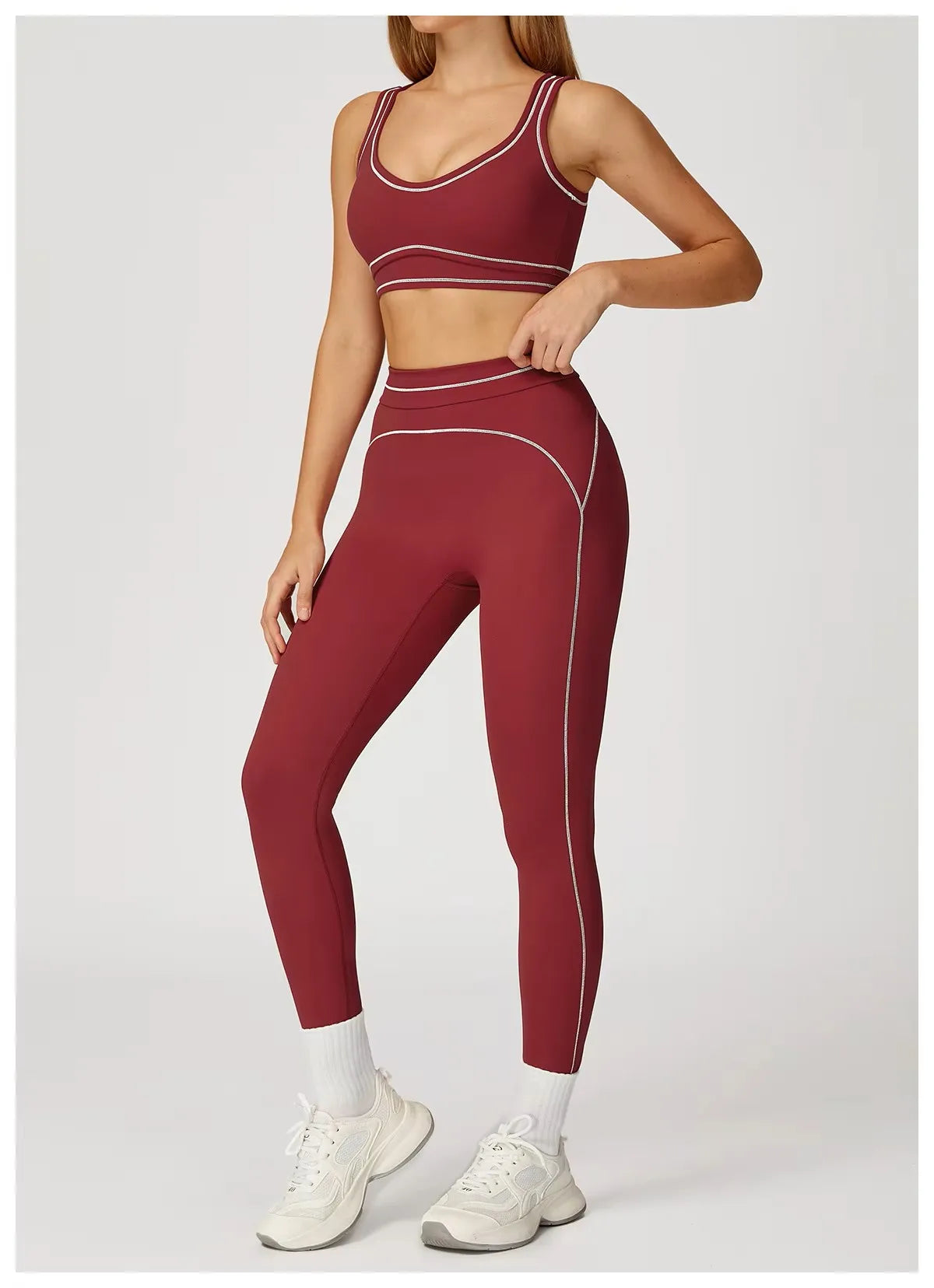 Solid Breathable High Waist Yoga Suit Double Shoulder Strap Women's Running Exercise 2-Piece Set Elastic Waist Front Secondary image