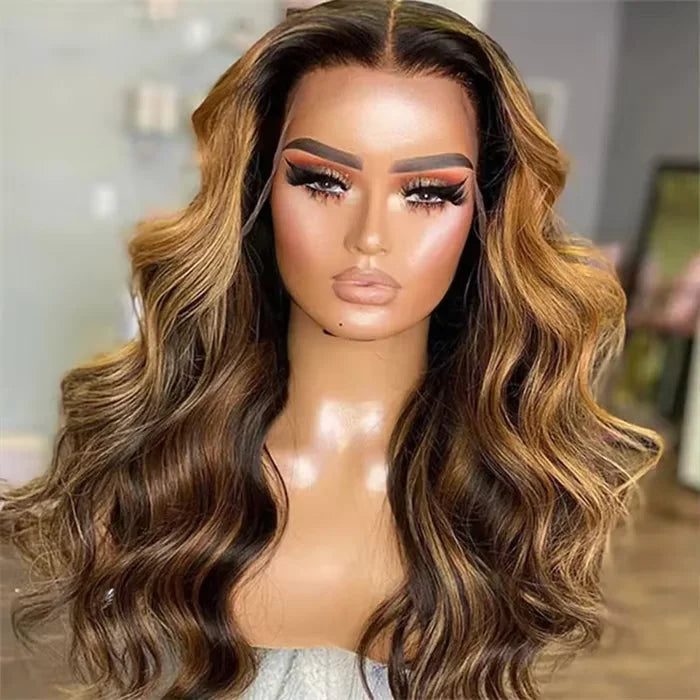 Wholesale 13x4 Lace Full Frontal Wig Brazilian Hair for Ombre Highlight Body Wave in Honey Blonde Dark Roots Transparent Lace Main image