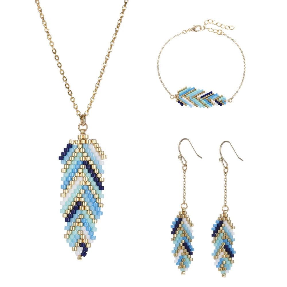 Hand Made Trendy Boho Jewelry Women Seed Beads Bracelets Necklace Earrings Leaf Miyuki Jewelry Set Main image