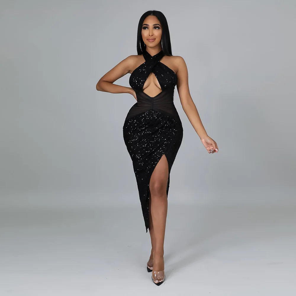 Miingstyle Wholesale Bling Rhinestone Black Mesh Casual Sexy Sequin Hollow Out Slip Dress Secondary image