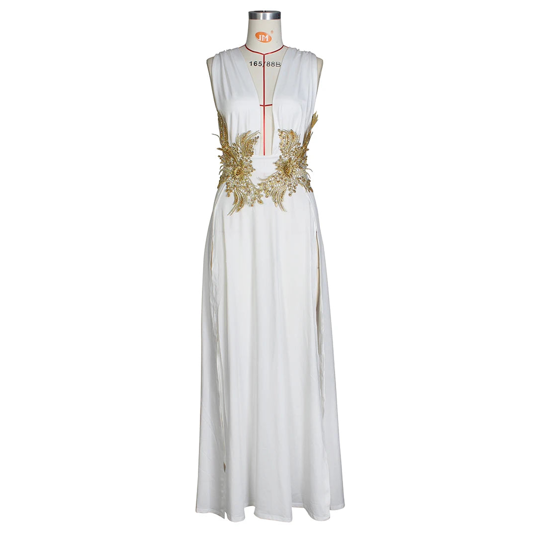 JRRY Sexy Women High Slit Maxi Dresses Deep V Neck Backless Long Dress Solid Pattern Floor Length Dress Vestidos