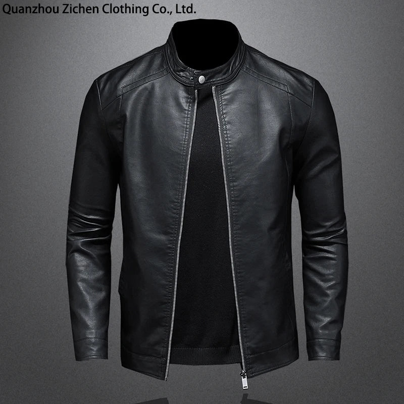 Spring Autumn Leather Jacket Men Stand Collar Slim Pu Leather Jacket Fashion Motorcycle Causal Coat Mens Moto Biker Leather Coat Secondary image