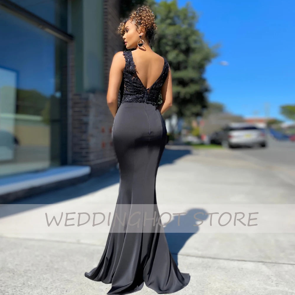 Pink Mermaid Evening Dresses 2026 Simple V-Neck Lace Applique Prom Gowns Elegant Satin Black Custom Party Dress robes de soirée