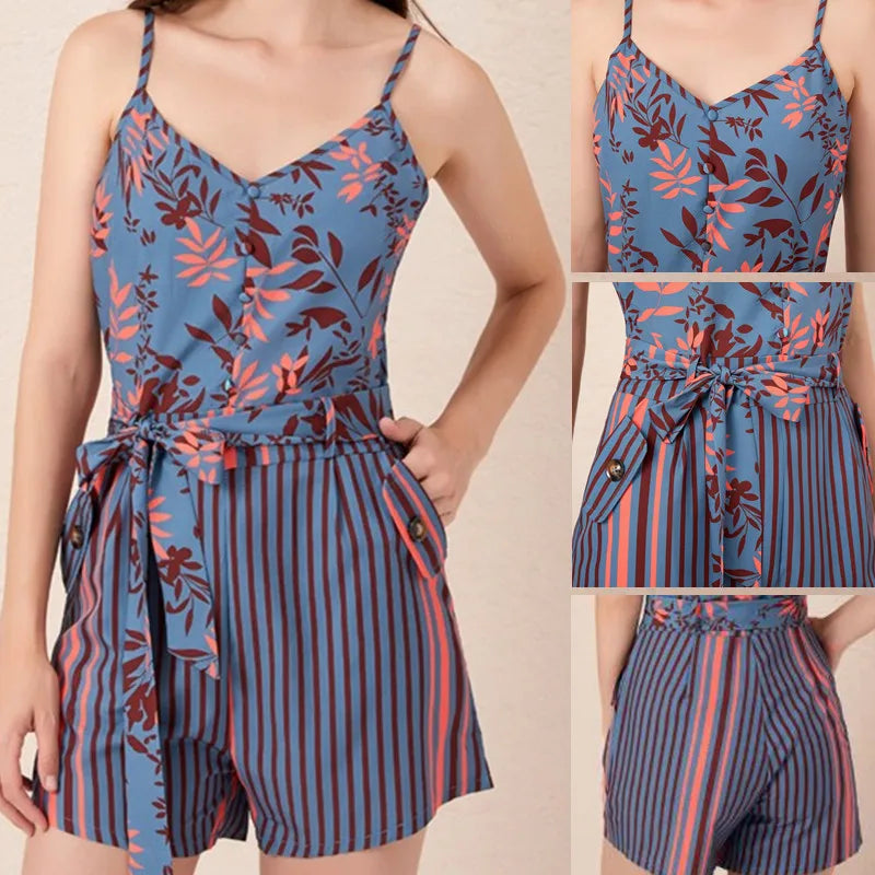 Sexy V-neck Spaghetti Strap Floral Print Women Short Romper Playsuit Female Beach Ruffle Sleeveless 2023 Fashion Casual Jumpsuit