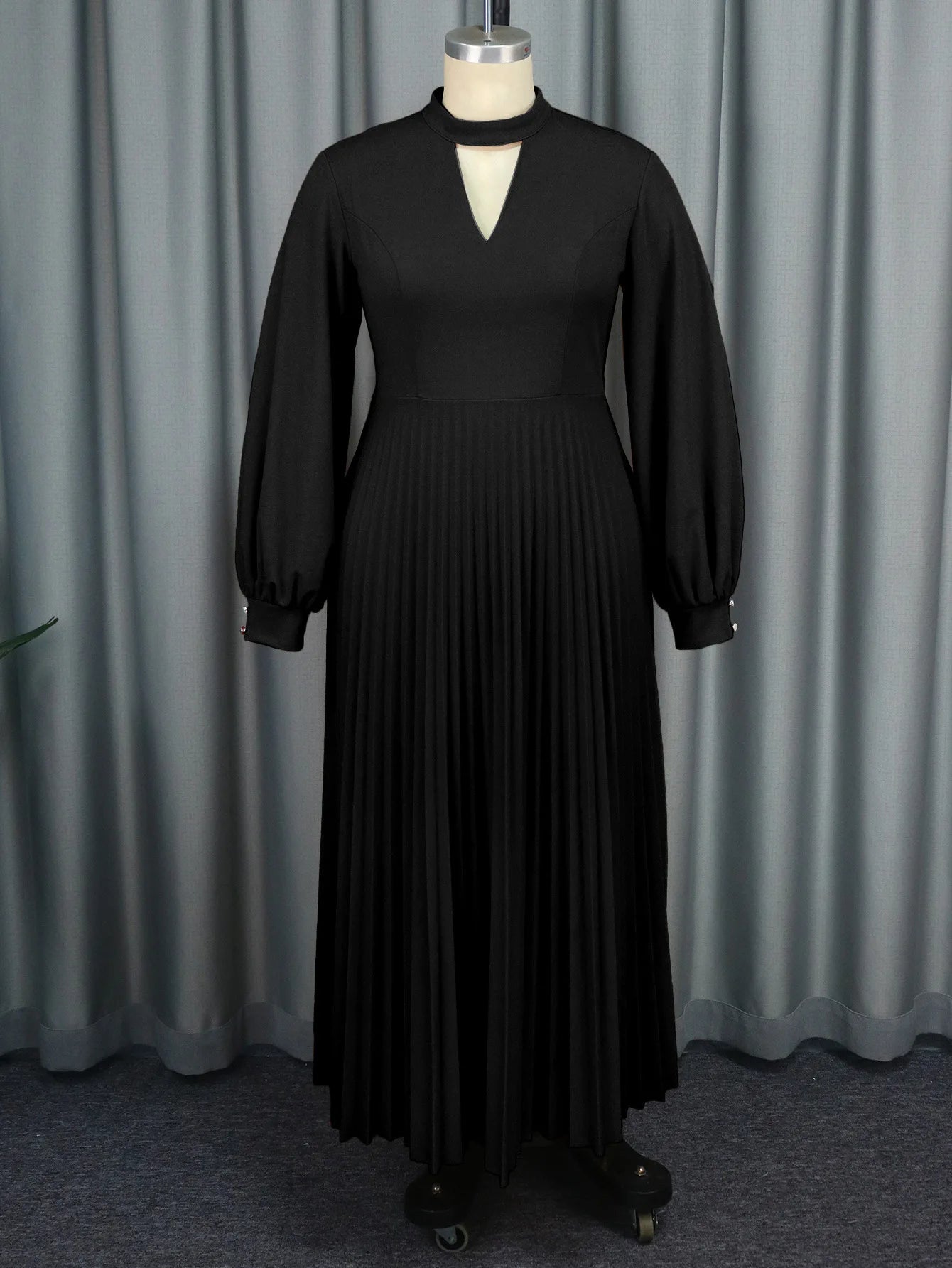 Am03 Spring 2025 African Hollow Out Stand up Collar Dress Comfortable and Loose Fitting Lantern Sleeve Pleated Long Skirt Dress Secondary image