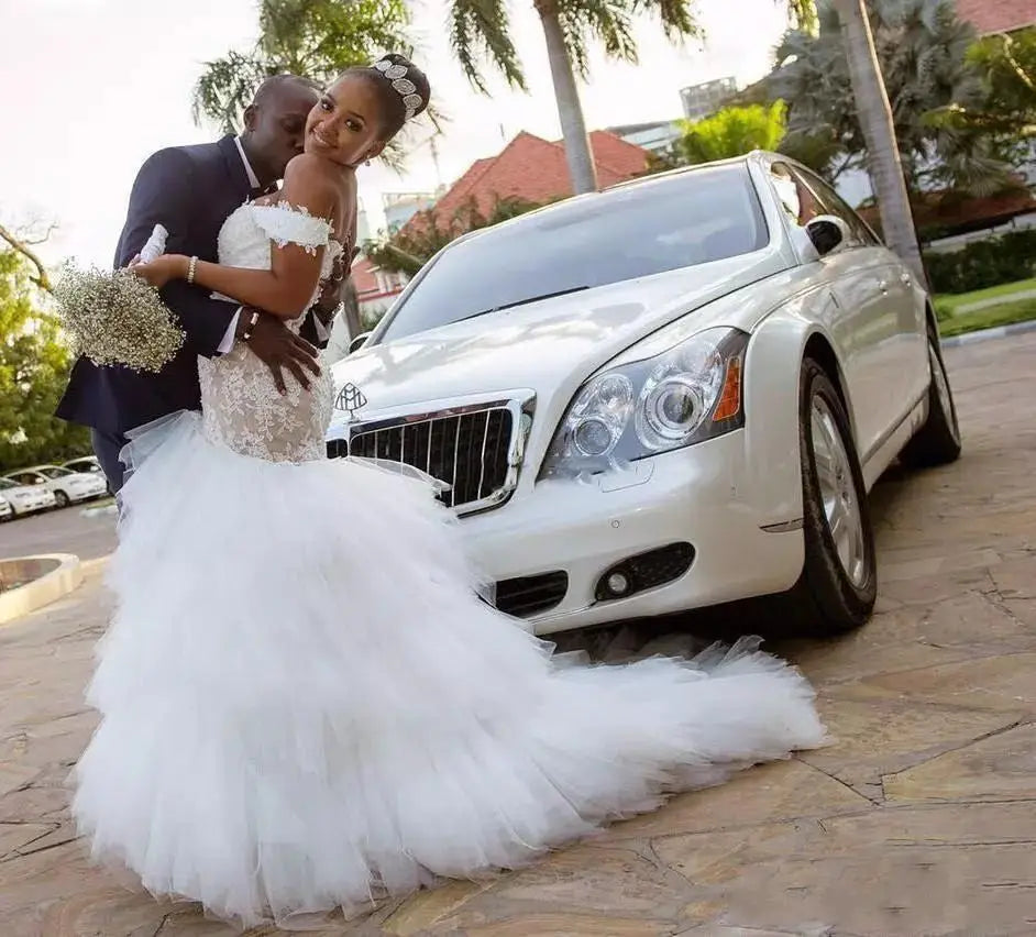 Tassel Train African Mermaid Wedding Dresses 2020 Cap Sleeve lace up Back Embroidery Trumpet Lace Wedding Dress