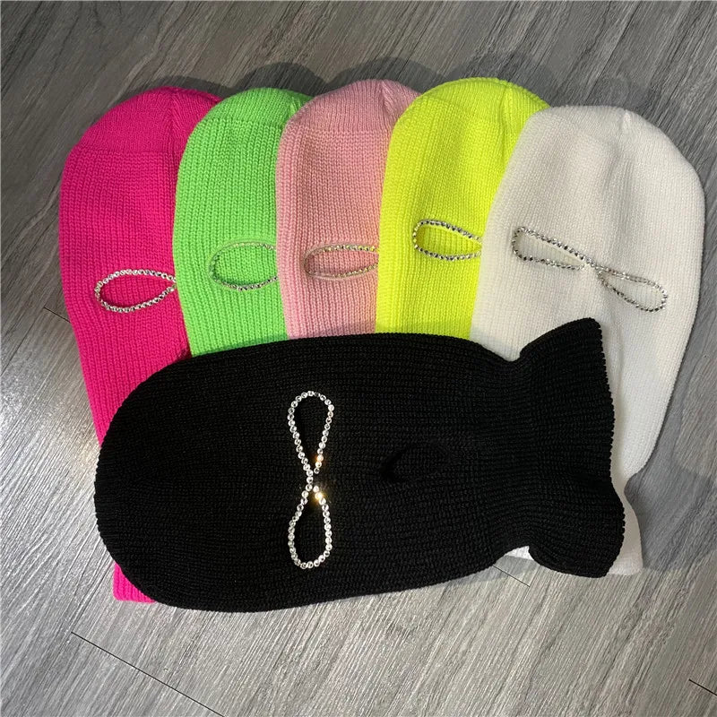 Shining Diamond Balaclava Face Mask Women Pink Sport Knitted Fleece Ski Mask for Women Three Hole Hat Shiny Rhinestone