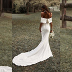 13056#Simple Off-Shoulder Elegant Short Sleeves Backless Wedding Dress Mermaid Buttons Sweep Train Soft Satin Bridal Gown