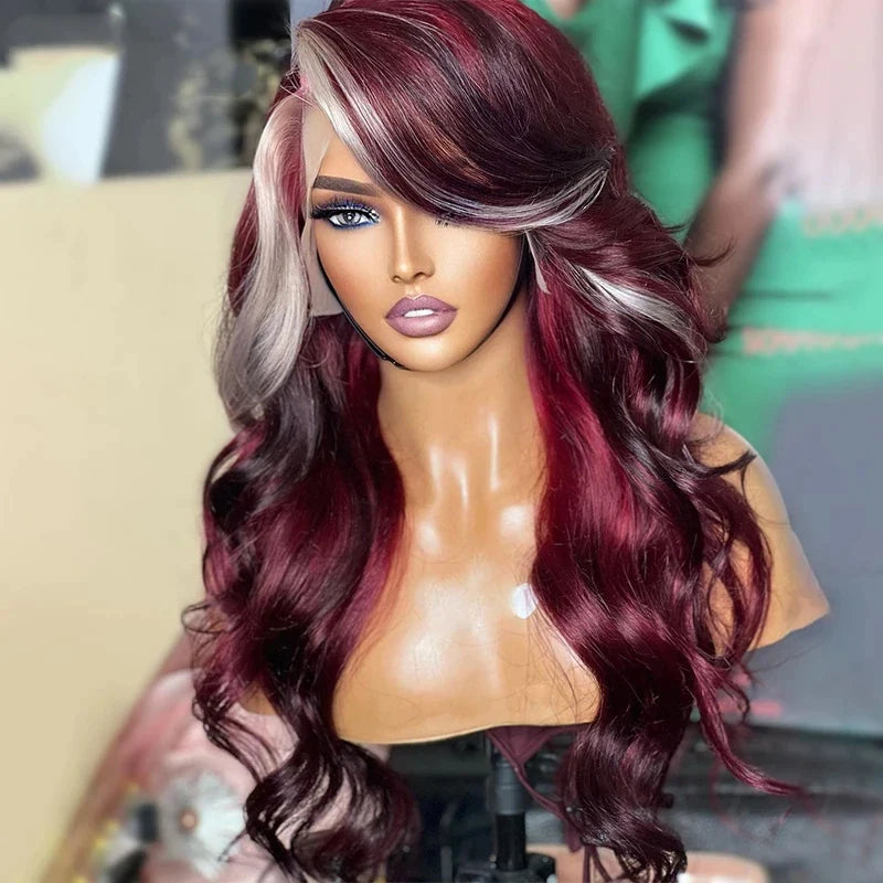 Highlight Burgundy/Blonde Color Body Wave Transparent Color Lace Front Closure Wig Brazilian Virgin Human Hair Wig for Women Secondary image
