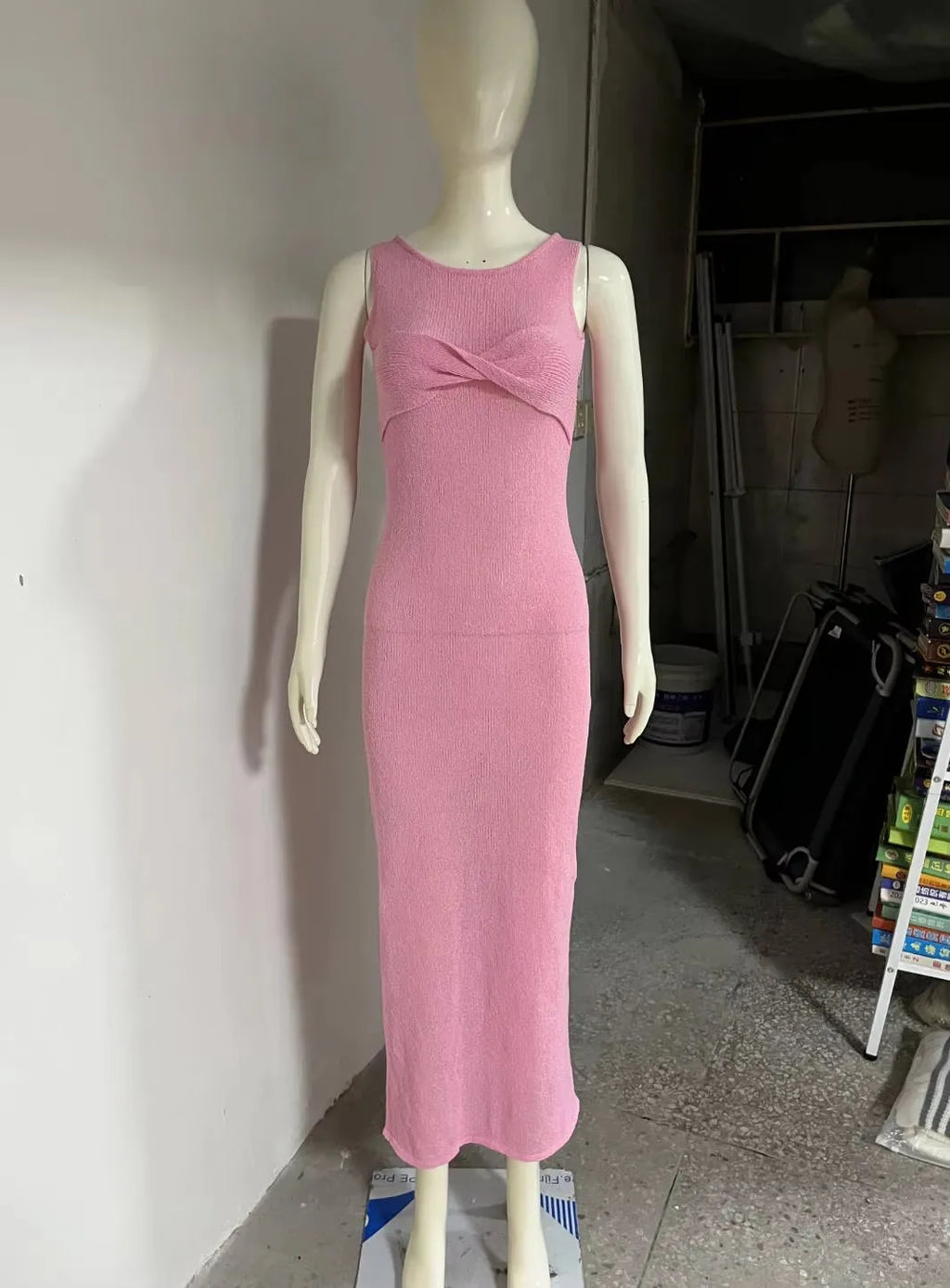 Female Summer Skinny Elegant Party Beachwear Sleeveless Round Neck Dress Knitted See Through Ruched Women Maxi Dress