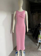 Female Summer Skinny Elegant Party Beachwear Sleeveless Round Neck Dress Knitted See Through Ruched Women Maxi Dress
